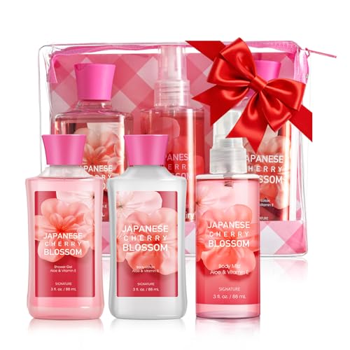 Bath Gift for Women and Girls, Japanese Cherry Blossom Spa Set With Natural Extracts, 3PCS Set – Shower Gel, Lotion, Mist, Personal Self Care Kit, Body Care Travel Set