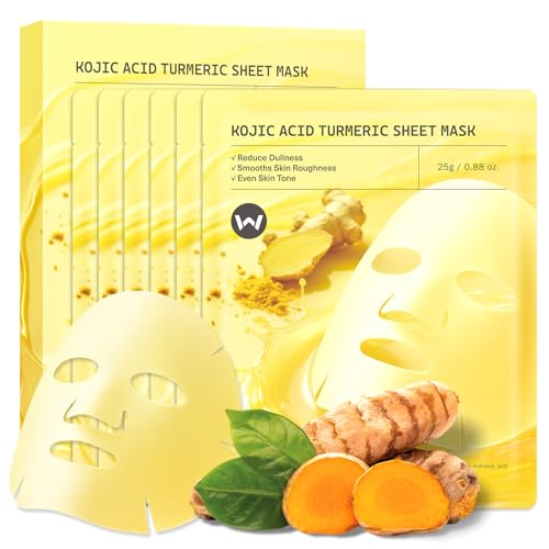 6 Sheet Masks Kojic Acid Turmeric Face Mask Even-Looking Skin Tone, Elasticity, Radiant, Hydrating Face Masks for Dull Skin Facial Mask Controlling Oil and Refining Pores Facemask Skincare