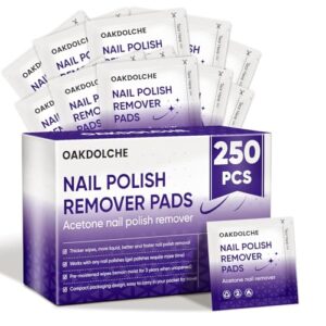 250 Pack Bulk Acetone Nail Polish Remover Pads, Individually Wrapped & Travel-Friendly, Quick & Effective for Gel & Fingernail Polish, Home & Professional Nail Polish Removal Wipes