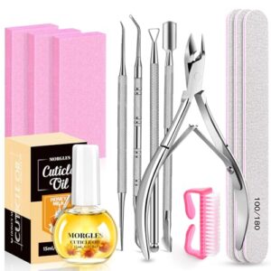 MORGLES Nail File and Buffer Blocks with Nail Care Kit, 13 Pcs Manicure Kit for Women with Milk and Honey Cuticle Oil and Cuticle Trimmer Set