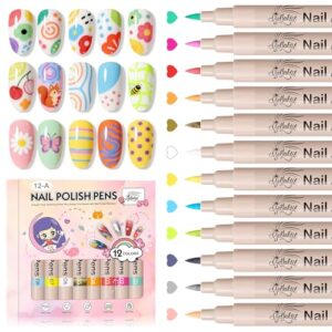 12 Colors Nail Art Pens Set, 3D Nail Color Pens, Quick-Drying Acrylic Paint Markers, Dotting Liner Brush for DIY Nail Design, Home & Salon Manicure Tools