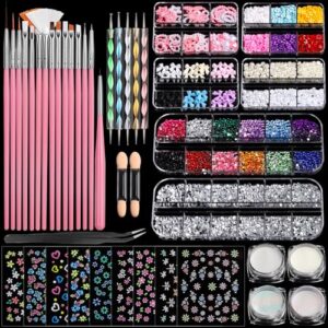 FANDAMEI Nail Art Brushes Set, Nail Art Kit, Nail Design Kit, Nail Dotting Tools, Nail Kit for Beginners, Chrome Nail Powder, Nail Stickers, Nail Rhinestones, Nail Charms Gems Nail Art Decoration Kit